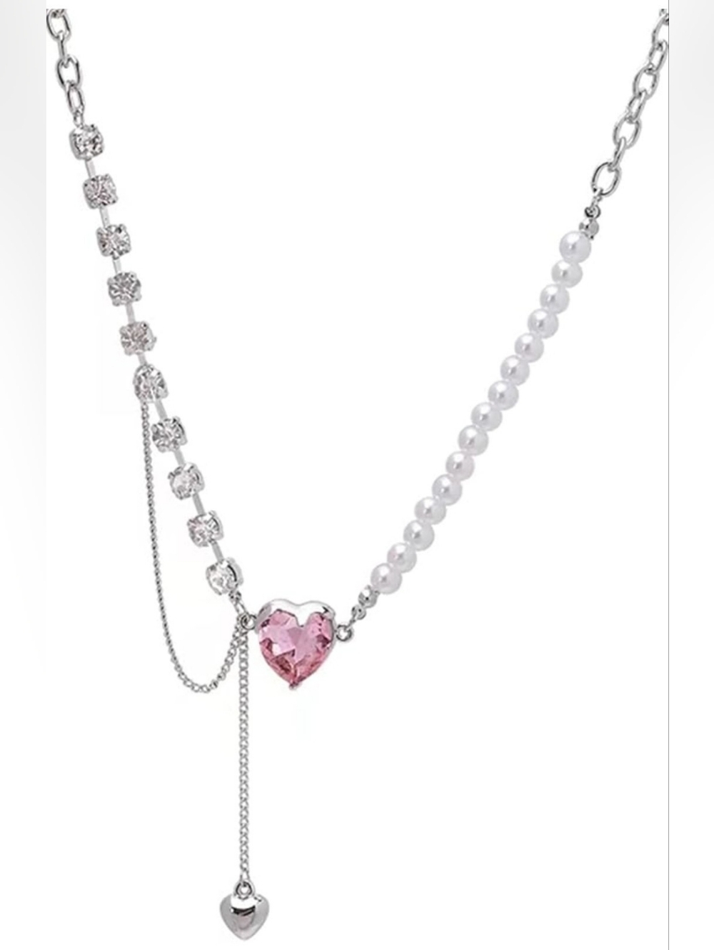 Pink Heart Crystal & Pearl Mixed-Chain Necklace Made With Swarovski Elements